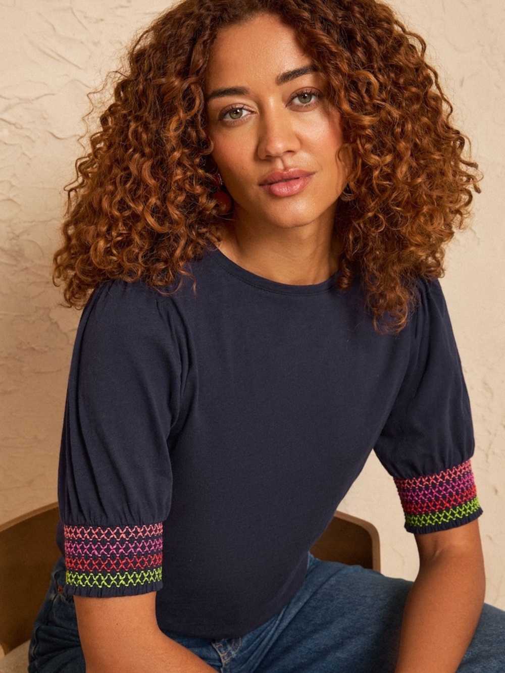 Boden navy top with smocked sleeve cuffs
